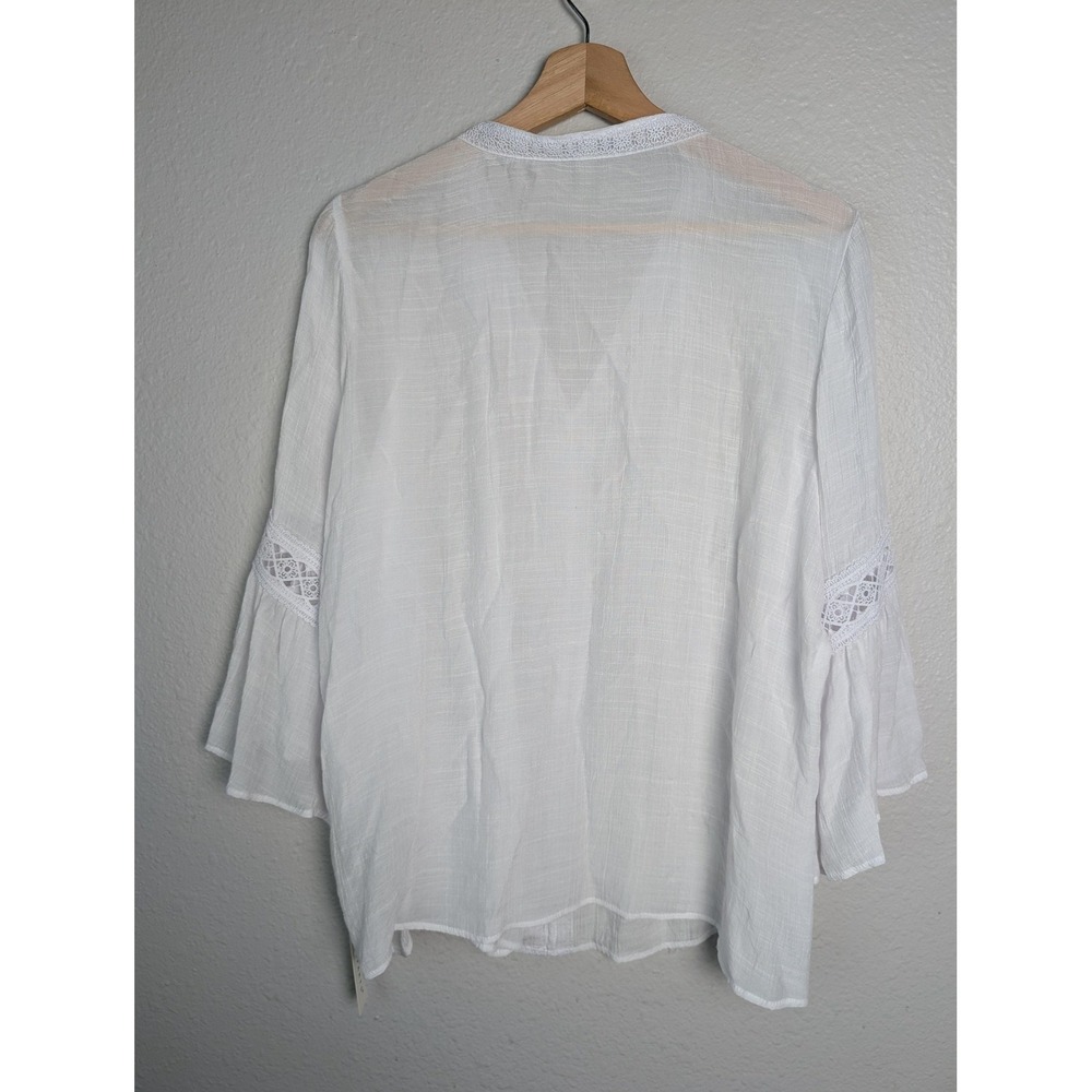 Counterparts Blouse Womens Large White Crochet Bell Sleeve‎ Tunic Top Sheer KM - Picture 2 of 10